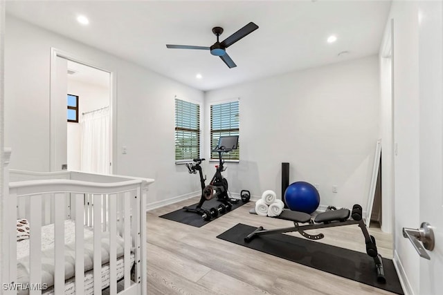 4083 Aspen Chase Dr, Naples, FL 34119 - workout room with a ceiling fan, wood finished floors, baseboards, and recessed lighting
