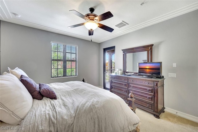 11923 Adoncia Way Unit 2802, Fort Myers, FL 33912 - bedroom featuring light colored carpet, baseboards, access to outside, a ceiling fan, and ornamental molding