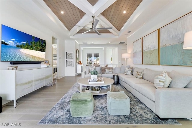 1761 Ludlow Rd, Marco Island, FL 34145 - living area with wooden ceiling with exposed beams, a ceiling fan, wood finished floors, and recessed lighting