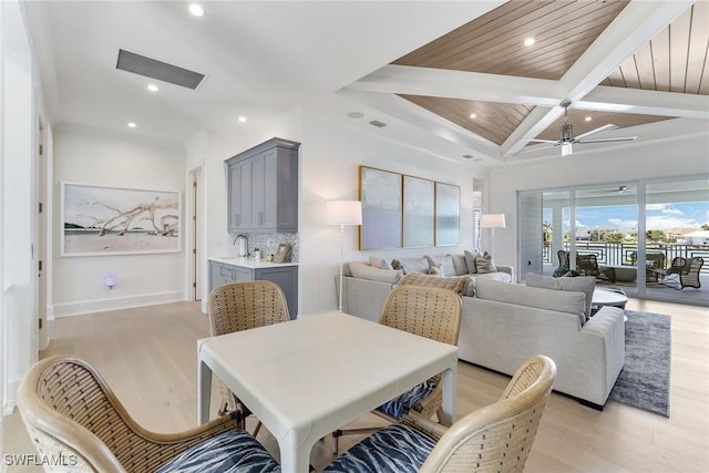 1761 Ludlow Rd, Marco Island, FL 34145 - dining area with light wood-style floors, recessed lighting, coffered ceiling, baseboards, and ceiling fan