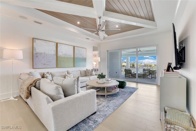 1761 Ludlow Rd, Marco Island, FL 34145 - living room with wood ceiling with exposed beams, light wood-style flooring, a ceiling fan, and recessed lighting