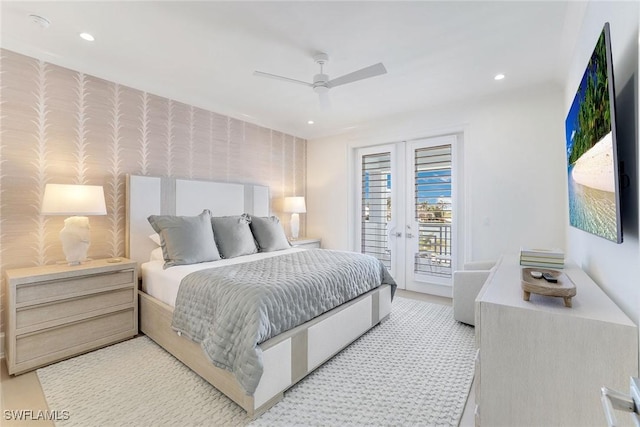 1761 Ludlow Rd, Marco Island, FL 34145 - bedroom featuring wallpapered walls, access to outside, recessed lighting, ceiling fan, and french doors