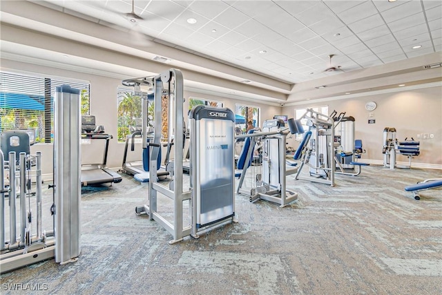 11704 Stonecreek Cir, Fort Myers, FL 33913 - gym with carpet, baseboards, a paneled ceiling, a raised ceiling, and recessed lighting