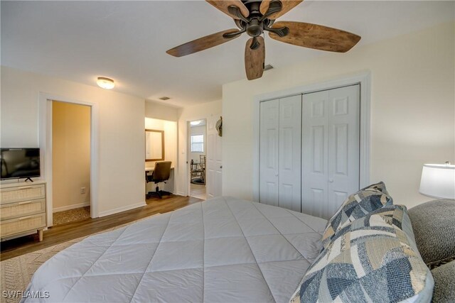 4149 Shellcrest Rd, Saint James City, FL 33956 - bedroom featuring wood finished floors, a closet, ceiling fan, baseboards, and an office area