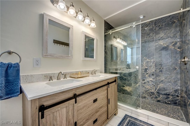 4149 Shellcrest Rd, Saint James City, FL 33956 - full bathroom with double vanity, a shower stall, and tile patterned flooring