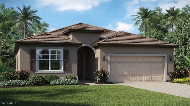 3028 Weston Manor Dr, Alva, FL 33920 - view of front facade featuring stucco siding, driveway, an attached garage, and a front yard