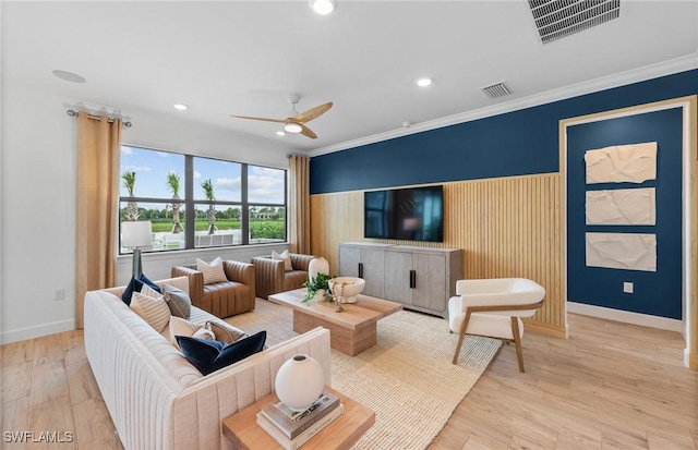 7049 Chapel Creek Ln, North Fort Myers, FL 33917 - living room featuring ceiling fan, light wood-style flooring, ornamental molding, baseboards, and recessed lighting