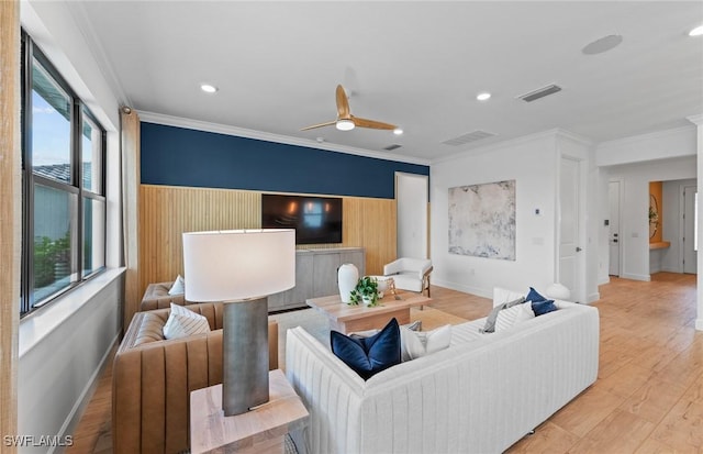 7049 Chapel Creek Ln, North Fort Myers, FL 33917 - living area with baseboards, ornamental molding, recessed lighting, light wood-style floors, and ceiling fan