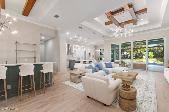 14302 Charthouse Cir, Naples, FL 34114 - living area with a chandelier, crown molding, light wood-type flooring, recessed lighting, and beam ceiling