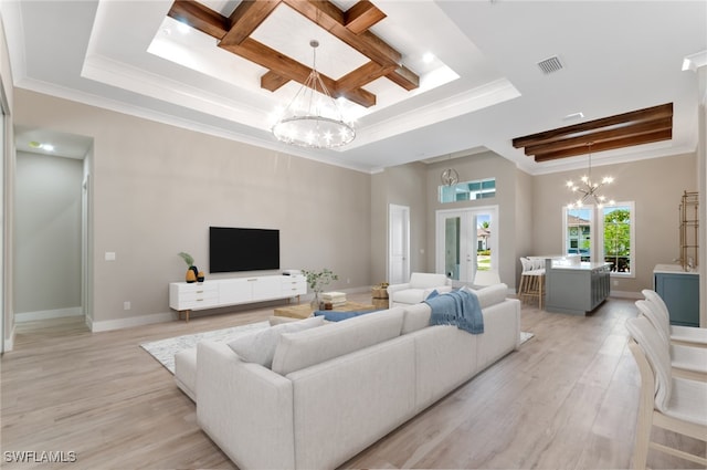14302 Charthouse Cir, Naples, FL 34114 - living area featuring a chandelier, a raised ceiling, light wood-type flooring, ornamental molding, and coffered ceiling