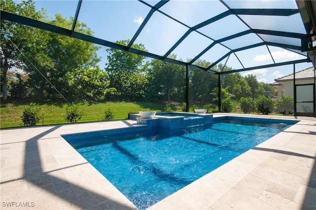 14302 Charthouse Cir, Naples, FL 34114 - view of swimming pool with a pool with connected hot tub, glass enclosure, and a patio