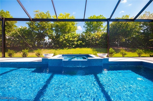 14302 Charthouse Cir, Naples, FL 34114 - view of pool with glass enclosure and a pool with connected hot tub