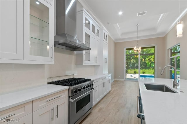 14302 Charthouse Cir, Naples, FL 34114 - kitchen with high end range, wall chimney exhaust hood, a sink, a tray ceiling, and light wood-type flooring