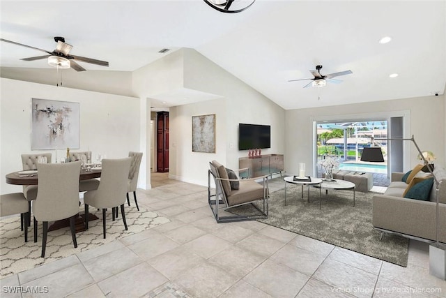 5012 SW 8th Pl, Cape Coral, FL 33914 - living area featuring a ceiling fan, lofted ceiling, light tile patterned floors, baseboards, and recessed lighting