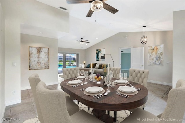 5012 SW 8th Pl, Cape Coral, FL 33914 - dining room featuring ceiling fan, vaulted ceiling, baseboards, and light tile patterned floors