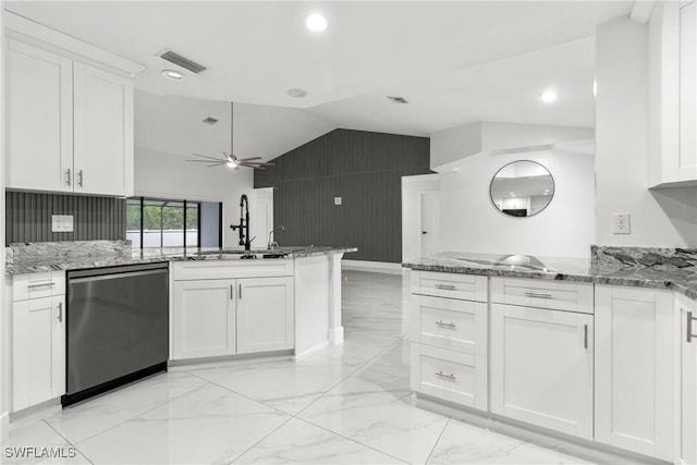 3613 39th St SW, Lehigh Acres, FL 33976 - kitchen with dishwasher, a peninsula, a sink, vaulted ceiling, and light marble finish flooring