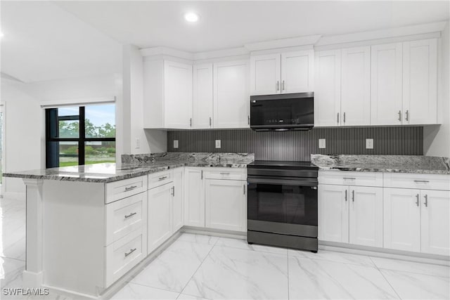 3613 39th St SW, Lehigh Acres, FL 33976 - kitchen with black appliances, light marble finish flooring, white cabinets, stone counters, and recessed lighting