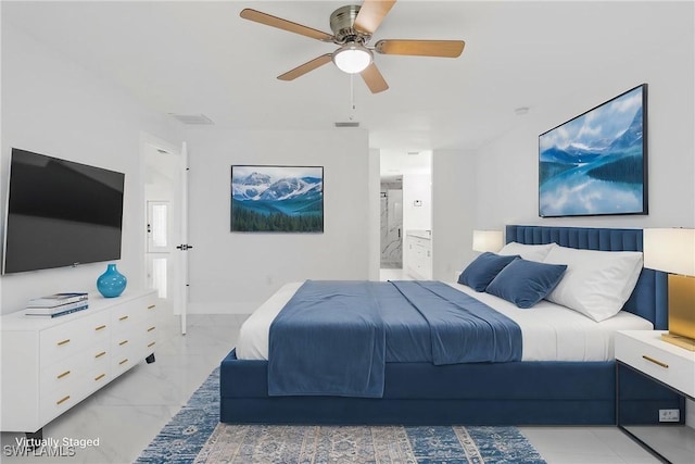 3613 39th St SW, Lehigh Acres, FL 33976 - bedroom featuring ensuite bath, light marble finish floors, a ceiling fan, and baseboards