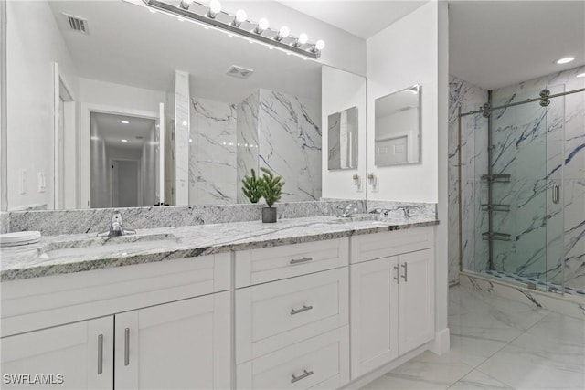 3613 39th St SW, Lehigh Acres, FL 33976 - full bathroom with marble finish flooring, a marble finish shower, and double vanity