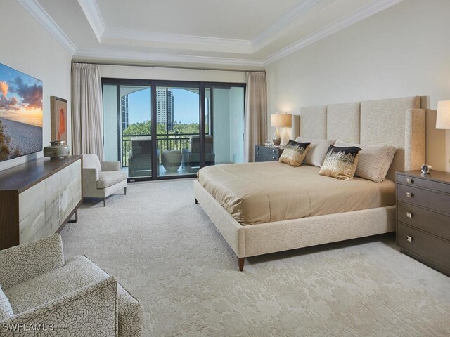 4701 Via Del Corso Ln Unit 401, Bonita Springs, FL 34134 - bedroom with access to exterior, crown molding, a tray ceiling, and carpet floors