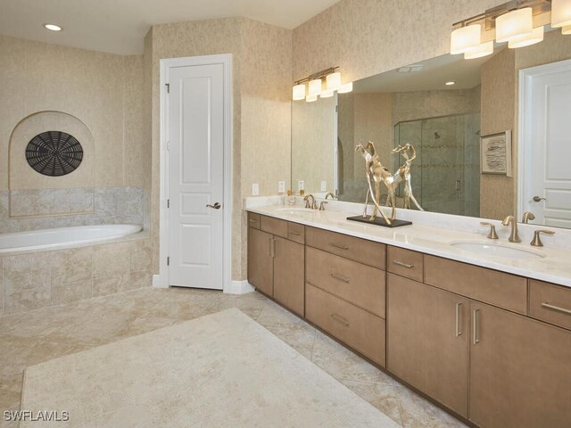 4701 Via Del Corso Ln Unit 401, Bonita Springs, FL 34134 - bathroom with a stall shower, double vanity, a bath, and wallpapered walls