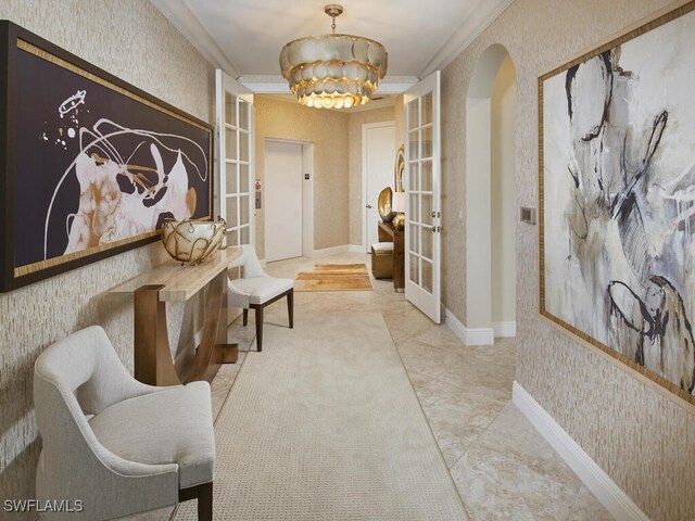 4701 Via Del Corso Ln Unit 401, Bonita Springs, FL 34134 - hall featuring french doors, arched walkways, wallpapered walls, ornamental molding, and elevator