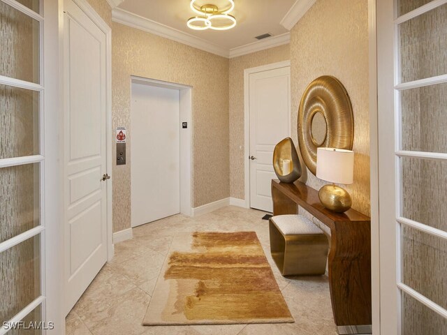 4701 Via Del Corso Ln Unit 401, Bonita Springs, FL 34134 - hallway with elevator, crown molding, tile patterned flooring, and a chandelier