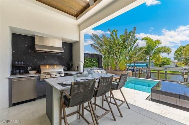 160 SW 52nd Ter, Cape Coral, FL 33914 - view of patio / terrace with a sink, a water view, and an outdoor pool