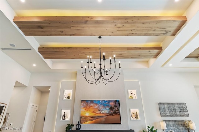 160 SW 52nd Ter, Cape Coral, FL 33914 - detailed view of recessed lighting, a chandelier, wood ceiling with exposed beams, and a raised ceiling