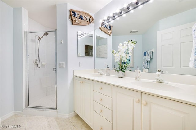 4011 Palm Tree Blvd Unit 208, Cape Coral, FL 33904 - bathroom with double vanity, a shower stall, tile patterned flooring, and baseboards