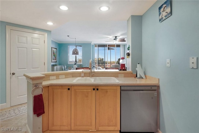 3191 Matecumbe Key Rd Unit 607, Punta Gorda, FL 33955 - kitchen featuring stainless steel dishwasher, light countertops, ceiling fan, open floor plan, and recessed lighting