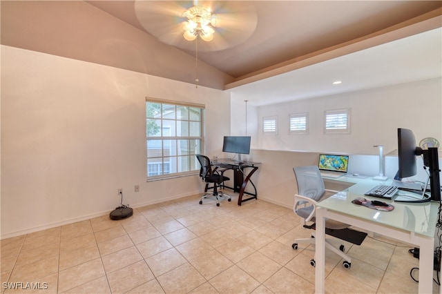 14561 Glen Cove Dr Unit 904, Fort Myers, FL 33919 - home office featuring ceiling fan, tile patterned floors, vaulted ceiling, baseboards, and recessed lighting
