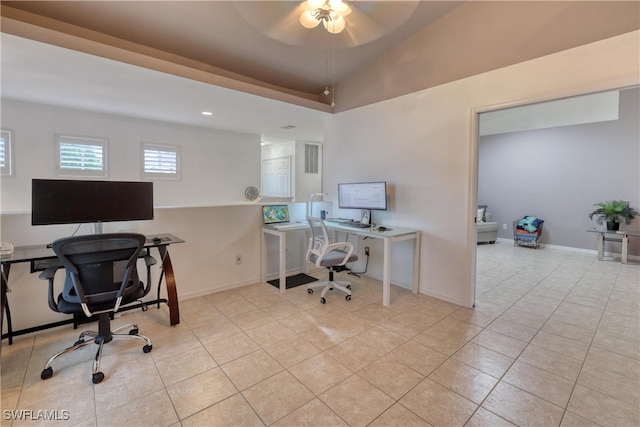 14561 Glen Cove Dr Unit 904, Fort Myers, FL 33919 - office area with ceiling fan, tile patterned flooring, vaulted ceiling, recessed lighting, and baseboards