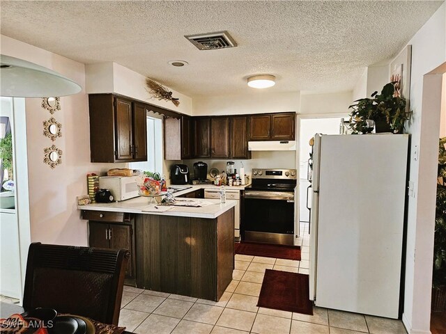 1112 Evanston St, Sebring, FL 33870 - kitchen featuring white appliances, under cabinet range hood, dark brown cabinetry, a peninsula, and light countertops