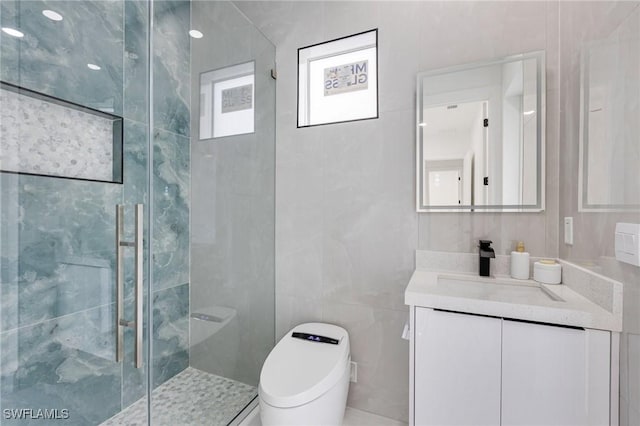 149 SE 21st St, Cape Coral, FL 33990 - bathroom featuring toilet, vanity, tile walls, and a marble finish shower