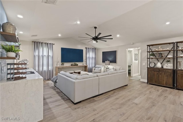 1020 SW 56th St, Cape Coral, FL 33914 - living room with vaulted ceiling, ceiling fan, light wood-style flooring, and recessed lighting