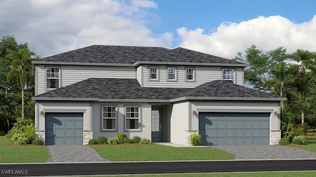 14556 Lagoon Ln, Babcock Ranch, FL 33982 - traditional-style home featuring an attached garage, a front lawn, decorative driveway, and stone siding