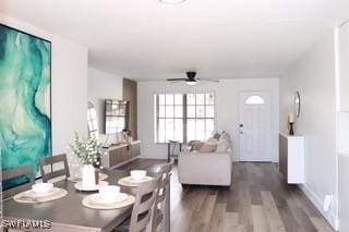 5750 N Andrews Ave, Oakland Park, FL 33309 - dining area with wood finished floors and ceiling fan