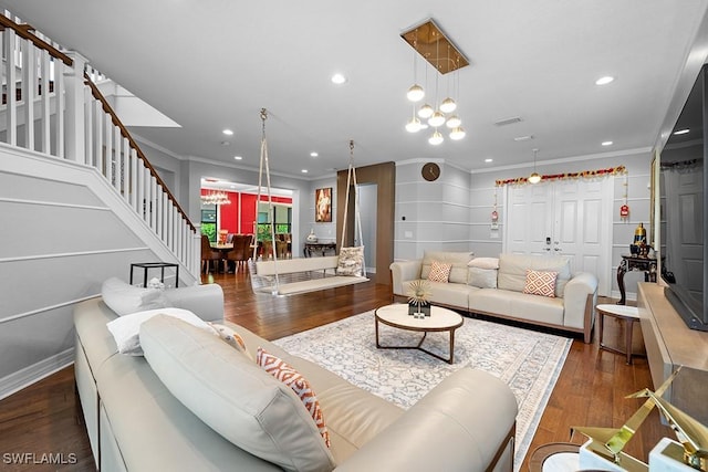 11651 Oakwood Preserve Pl, Fort Myers, FL 33913 - living room featuring stairway, crown molding, wood finished floors, and recessed lighting