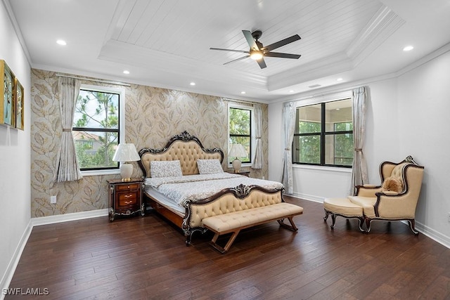 11651 Oakwood Preserve Pl, Fort Myers, FL 33913 - bedroom with a tray ceiling, baseboards, hardwood / wood-style floors, crown molding, and wooden ceiling