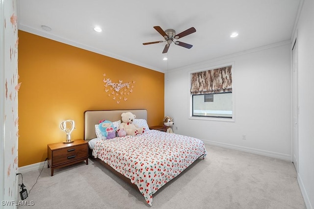 11651 Oakwood Preserve Pl, Fort Myers, FL 33913 - carpeted bedroom with crown molding, baseboards, recessed lighting, and ceiling fan