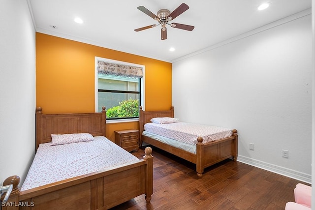 11651 Oakwood Preserve Pl, Fort Myers, FL 33913 - bedroom with crown molding, dark wood-style flooring, recessed lighting, baseboards, and a ceiling fan