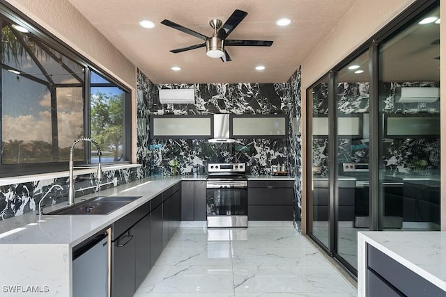 11651 Oakwood Preserve Pl, Fort Myers, FL 33913 - kitchen with stainless steel appliances, a sink, a ceiling fan, recessed lighting, and modern cabinets