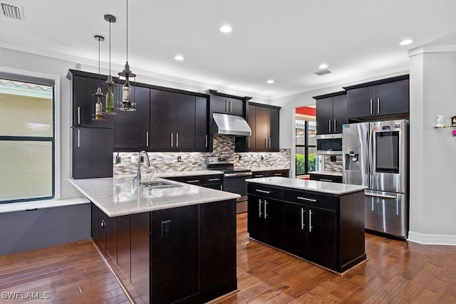 11651 Oakwood Preserve Pl, Fort Myers, FL 33913 - kitchen with appliances with stainless steel finishes, a sink, under cabinet range hood, tasteful backsplash, and a peninsula