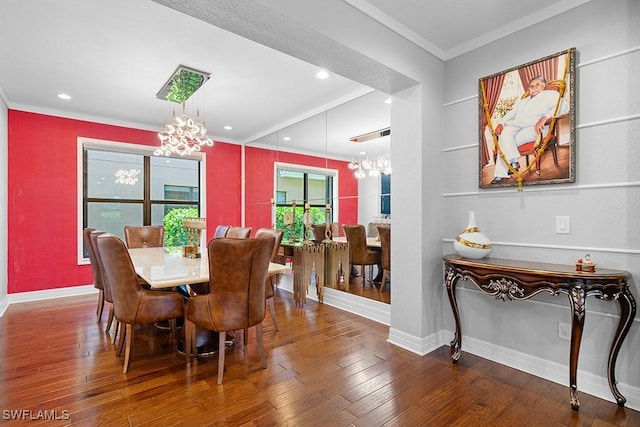 11651 Oakwood Preserve Pl, Fort Myers, FL 33913 - dining room with a chandelier, crown molding, baseboards, hardwood / wood-style floors, and recessed lighting