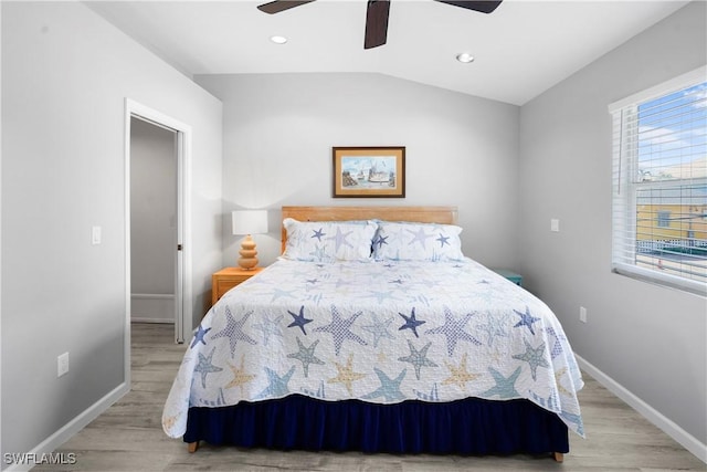 171 Primo Dr, Fort Myers Beach, FL 33931 - bedroom featuring wood finished floors, vaulted ceiling, baseboards, ceiling fan, and recessed lighting