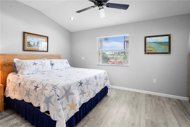 171 Primo Dr, Fort Myers Beach, FL 33931 - bedroom with lofted ceiling, light wood-type flooring, baseboards, a ceiling fan, and recessed lighting