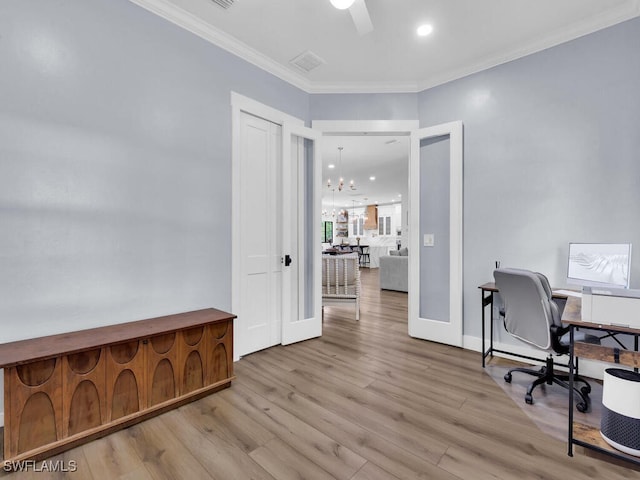 16970 Laurelin Ct, North Fort Myers, FL 33917 - office featuring ornamental molding, wood finished floors, a ceiling fan, a chandelier, and recessed lighting