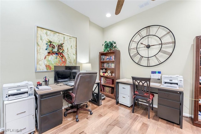 3181 Bramble Cove Ct, Fort Myers, FL 33905 - office area with light wood-style flooring, a ceiling fan, and recessed lighting