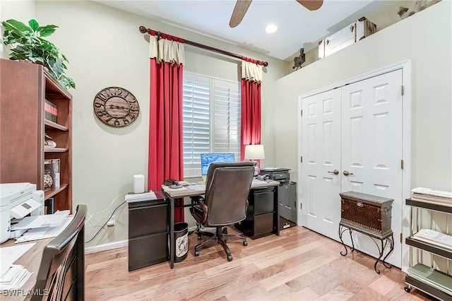 3181 Bramble Cove Ct, Fort Myers, FL 33905 - office area featuring light wood finished floors, a ceiling fan, and recessed lighting